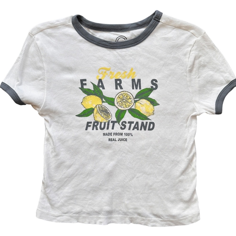 Social Culture Fruit Stand Ringer Tee Womens L White Excellent Lemon Graphic Rib